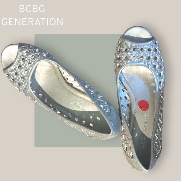 BCBGenervation Tylar Silver Woven Open Toe Wedge Heel - Size 6.5 - Picture 8 of 16